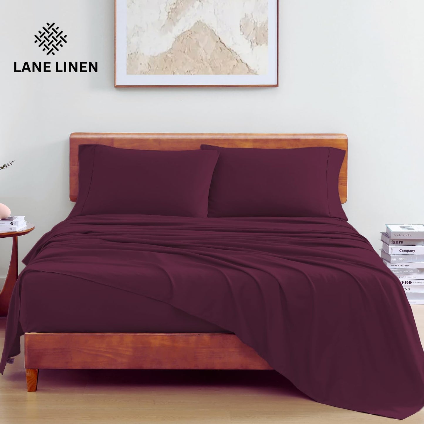 LANE LINEN 100% Organic Cotton King Size Sheets - Soft, Machine Washable, Eco-Friendly Percale in Windsor Wine