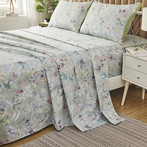 ABREEZE Full Butterfly Floral 4-Piece Egyptian Cotton Bedding Set with Pillowcases