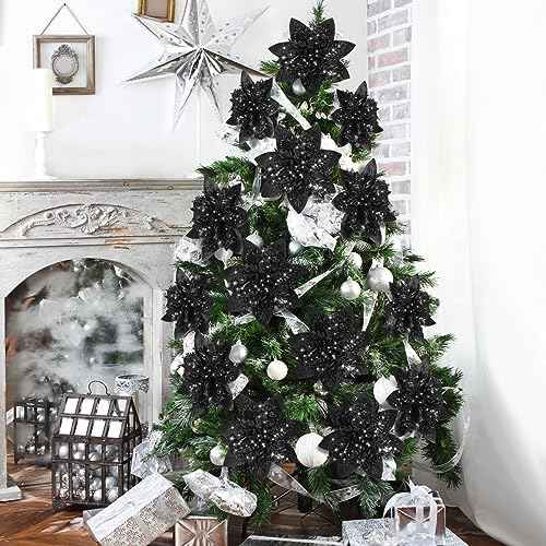 Glitter Christmas Poinsettia Artificial Xmas Flower Ornaments Flowers Decorations with Clips and Stems Glitter Poinsettia Christmas Tree Ornaments for Christmas Wedding (Black,36 Pieces)