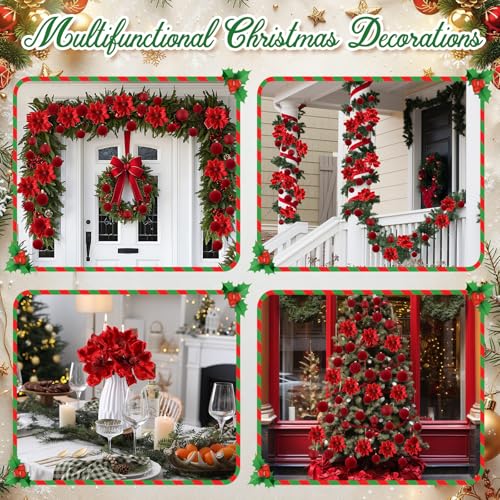 Yuxung 48 Pcs Christmas Tree Decoration Set Red with Glitter Flowers & Velvet Balls