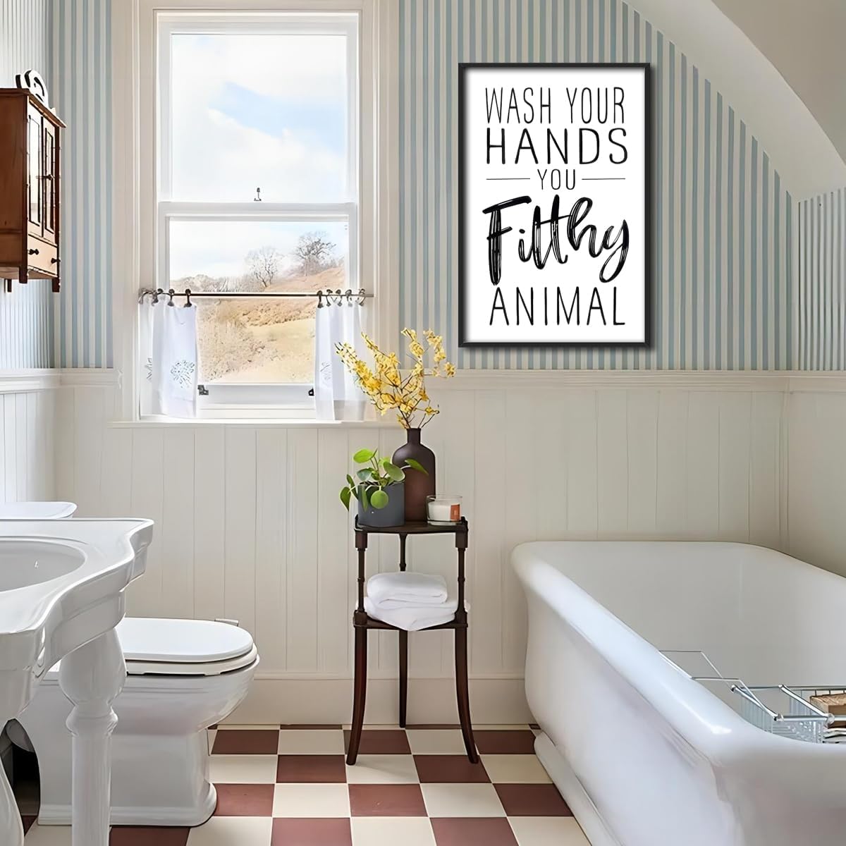 Skiennix Framed Black And White Bathroom Wall Art - Funny Wash Your Hands Poster | Modern Minimalist Decor