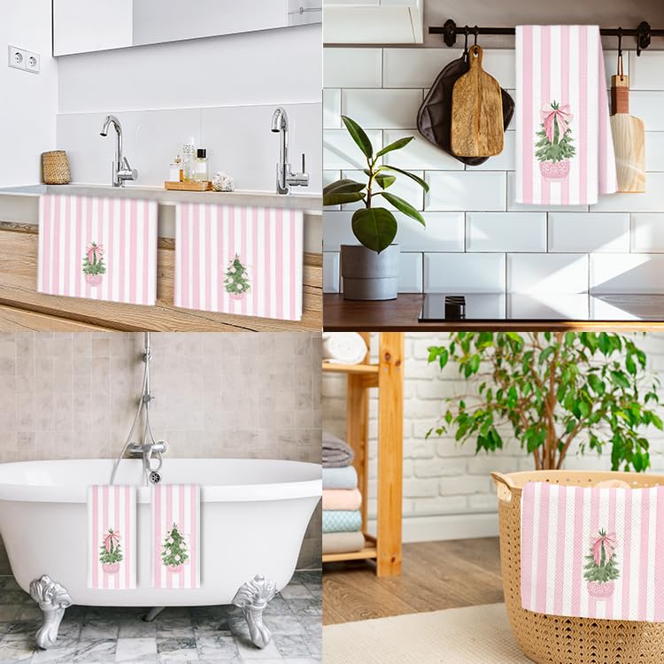 Exqcom Tree Towels-f Pink Chinoiserie Christmas Kitchen Towels, 16x24 in Set of 2