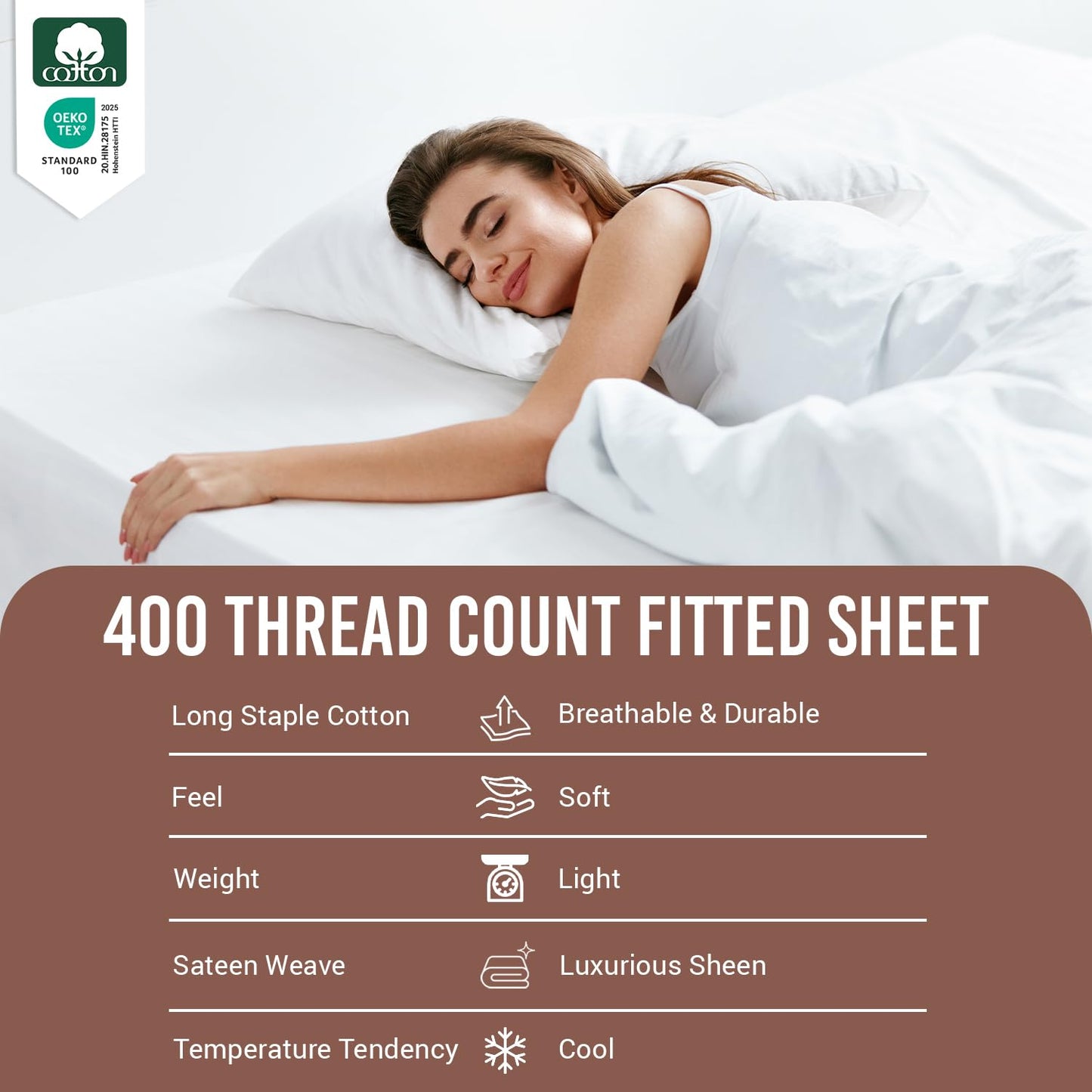 Pizuna Pure 100% Cotton King Fitted Sheet Only, Luxurious 400 Thread Count Long Staple Cotton Sateen Weave 15" Deep Pocket Fitted Sheet (Combed White King Fitted Sheet Cotton)
