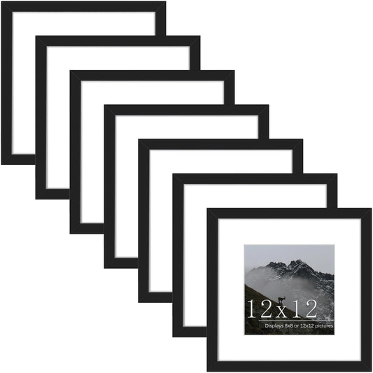Picrit 12x12 Picture Frame Set of 7, Display 8 x 8 with Mat or 12 x 12 Without Mat, Photo Frames for Wall Mounting Display, Black.