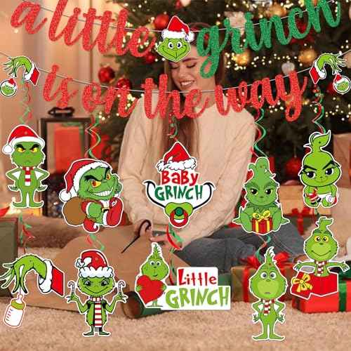 Green Monster Christmas Baby Shower Decorations with Banner Hanging Swirls for Whoville Gender Reveal Party Supplies