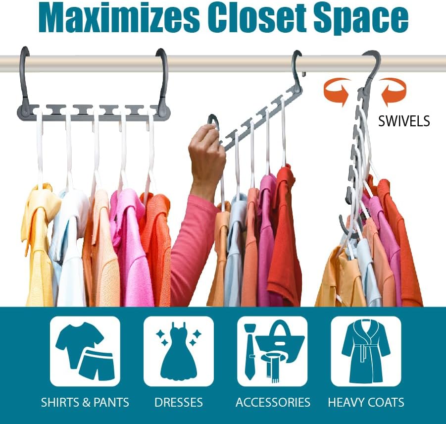 Wonder Hanger Max 10-Pack Space Saving Hangers - 360° Swivel Hooks for Dorms & Closets - Grey