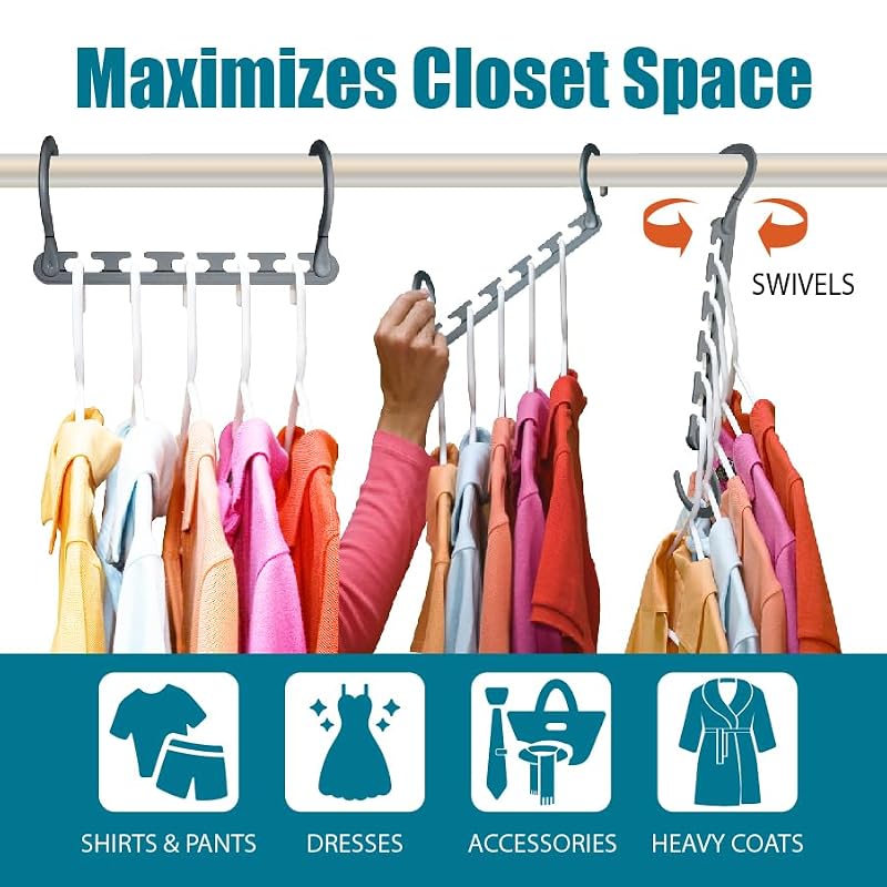 Wonder Hanger Max 20-Pack Space-Saving Closet Hangers, Grey, 360° Hook