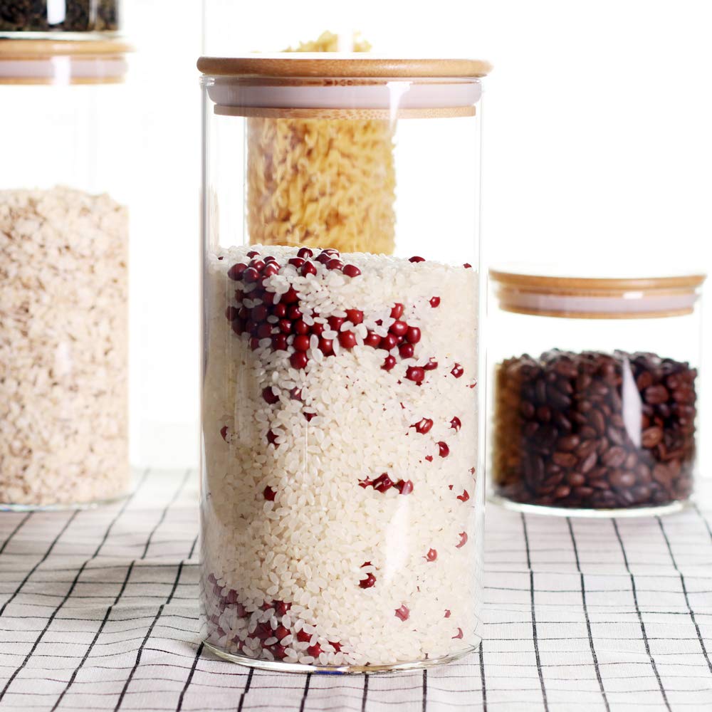 Large Glass Flour and Sugar Containers with Airtight Lids, 2 Pack 1.2 Gallon Flour and Sugar Jars with Wooden Lids, Sugar Canisters Set for Food Storage