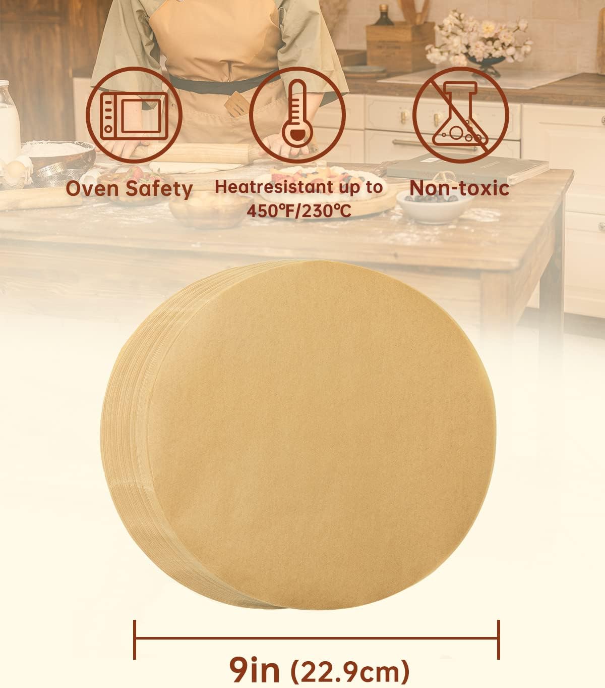 Katbite 200 Pcs Unbleached Non-Stick 9-Inch Parchment Paper Rounds | Precut Circles for Baking