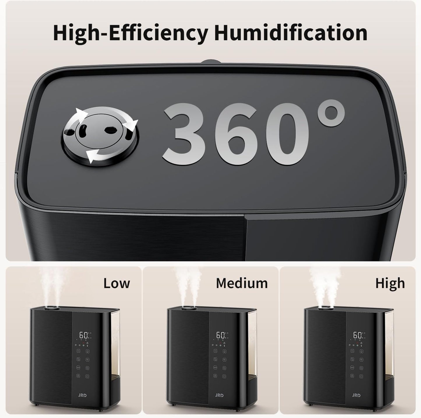 JRD Ultrasonic Humidifier - 5L Warm & Cool Mist for Fast Relief | 50H Runtime, 7 Color Light, Quiet Operation - Black