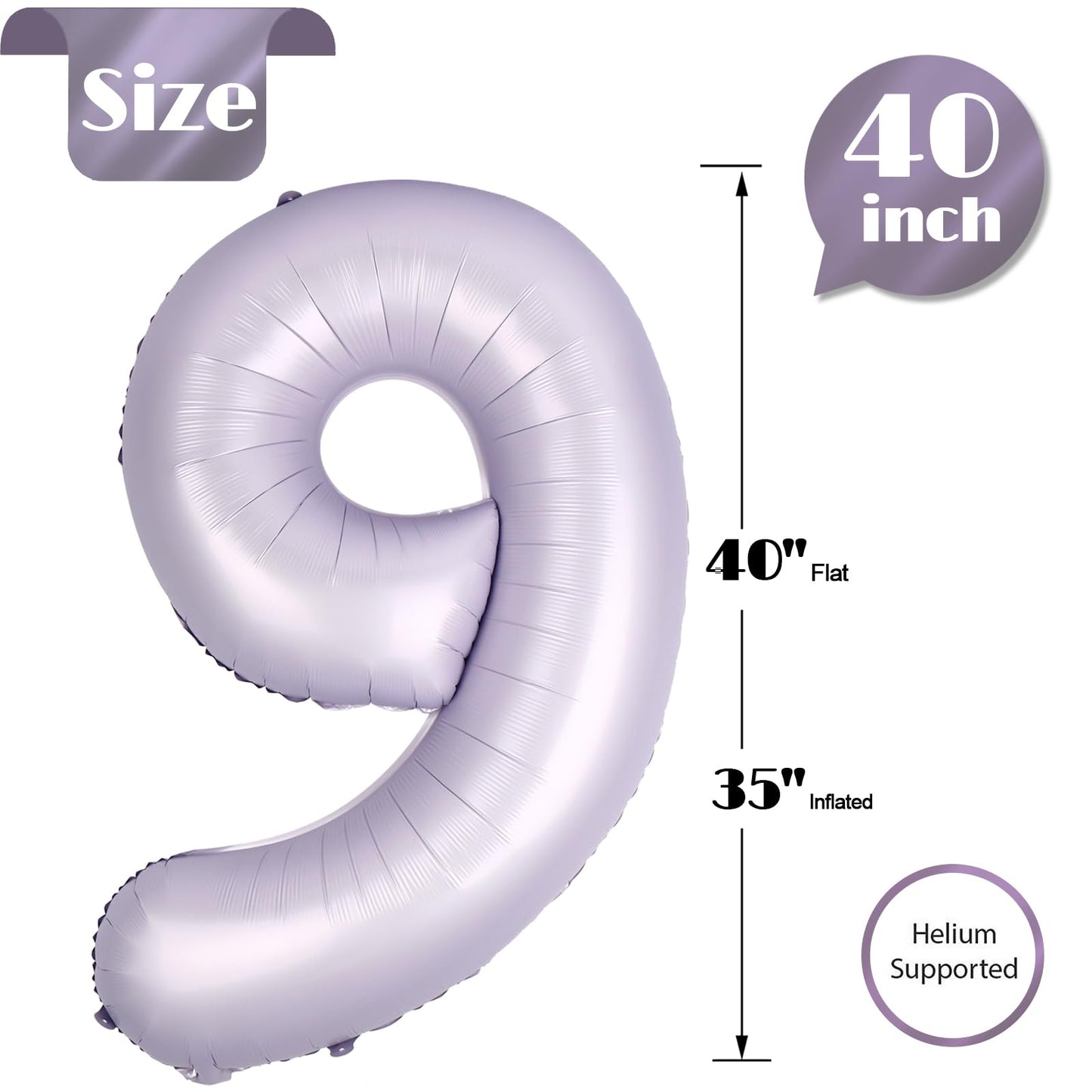 Lilac 9 Balloon, Number Balloons 40 Inch, Lavender 9th Giant Birthday Decorations for Girls, 19th 29th Party Decorations Supplies, Number 9 Balloon