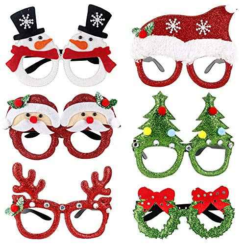 Christmas Party Glasses Frame Xmas Glitter Eyeglasses Tree Reindeer Antlers Deer Santa Claus Snowman Glasses Unisex Cosplay Costume Creative Funny Eyewear Holiday Party Supplies Decorations 6 Pack