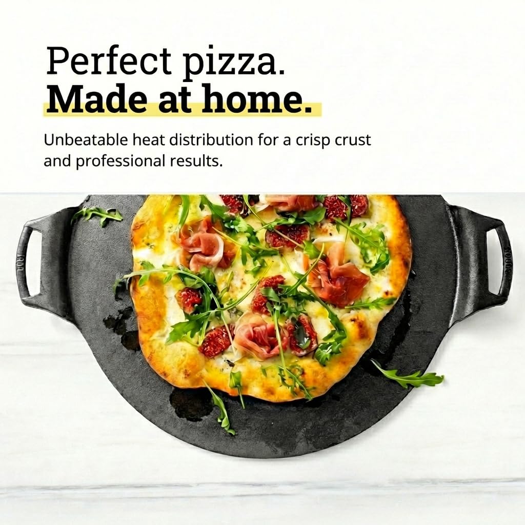 Lodge Seasoned Cast Iron Pizza Pan - Pre-Seasoned, Round Pizza Pan with Dual Assist Handles - Even Heat Distribution- PFAS-Free, Non-Toxic Cookware - Oven Safe - 15 Inch