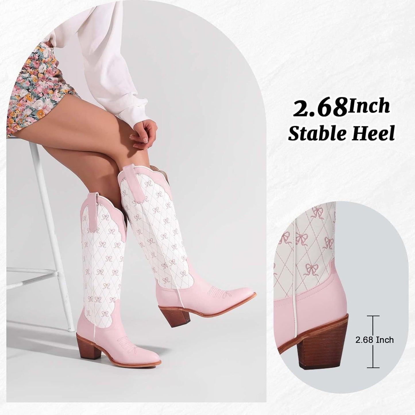 Skiennix Cowboy Boots - Embroidered Knee High Cowgirl Boots with Chunky Heel & Pearl Detail | Perfect for Dressy Parties