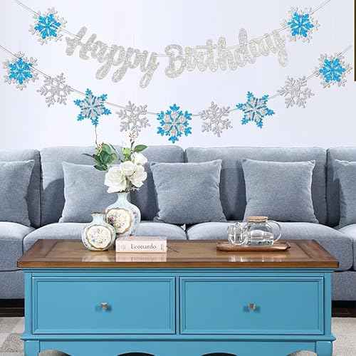 Frozen Snowflake Birthday Decorations Banner Snow Winter Glitter White and Blue Snowflake Happy Banners for Winter Wonderland Party Christmas Birthday Party Supplies Favors