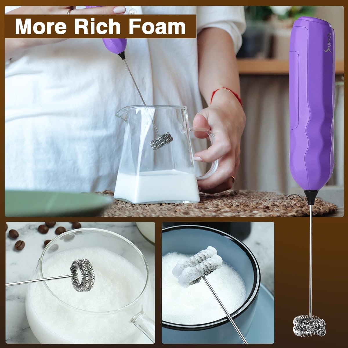 SUPRUS Ultra-Fast Handheld Milk Frother - Double Whisk with Stand & 2 Batteries | Stainless Steel for Lattes, Cappuccino, Matcha, and More