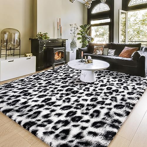 Amearea Fluffy Leopard Rug 6x9 ft White - Premium Cheetah Print, Non-Slip