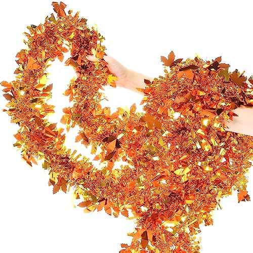 GlyinnHe 33Ft Thanksgiving Tinsel Garland, Golden Maple Leaf Metallic Twist Fall Hanging Garland for Autumn Thanksgiving Halloween Party Decoration