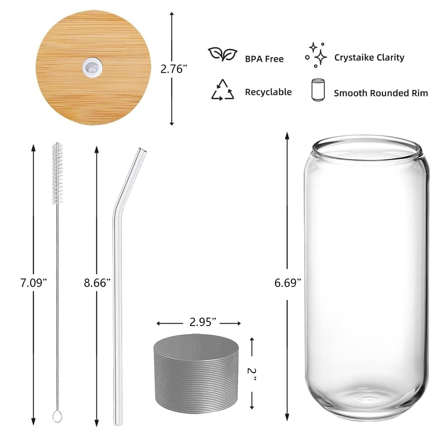 DAMCONME 20 Oz Glass Cups with Lids and Straws 1Pcs,Glass Cup with Bamboo Lid for Iced Coffee,Smoothie,Beer,Cocktail,Whiskey,Soda - 20 Oz Glass Tumbler with 2 Straws,1 Brush,Grey