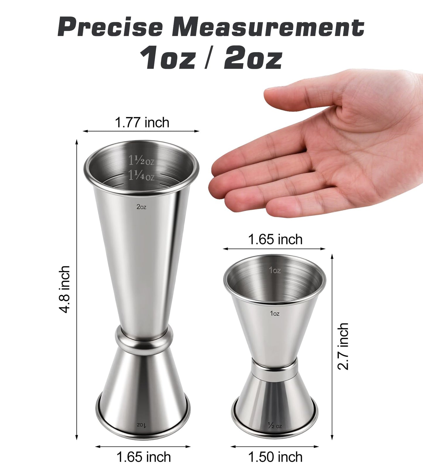 2-Pack Stainless Steel Cocktail Jiggers – Japanese Style Double Measuring Cups for Bartending (1oz/2oz + 0.5oz/1oz)
