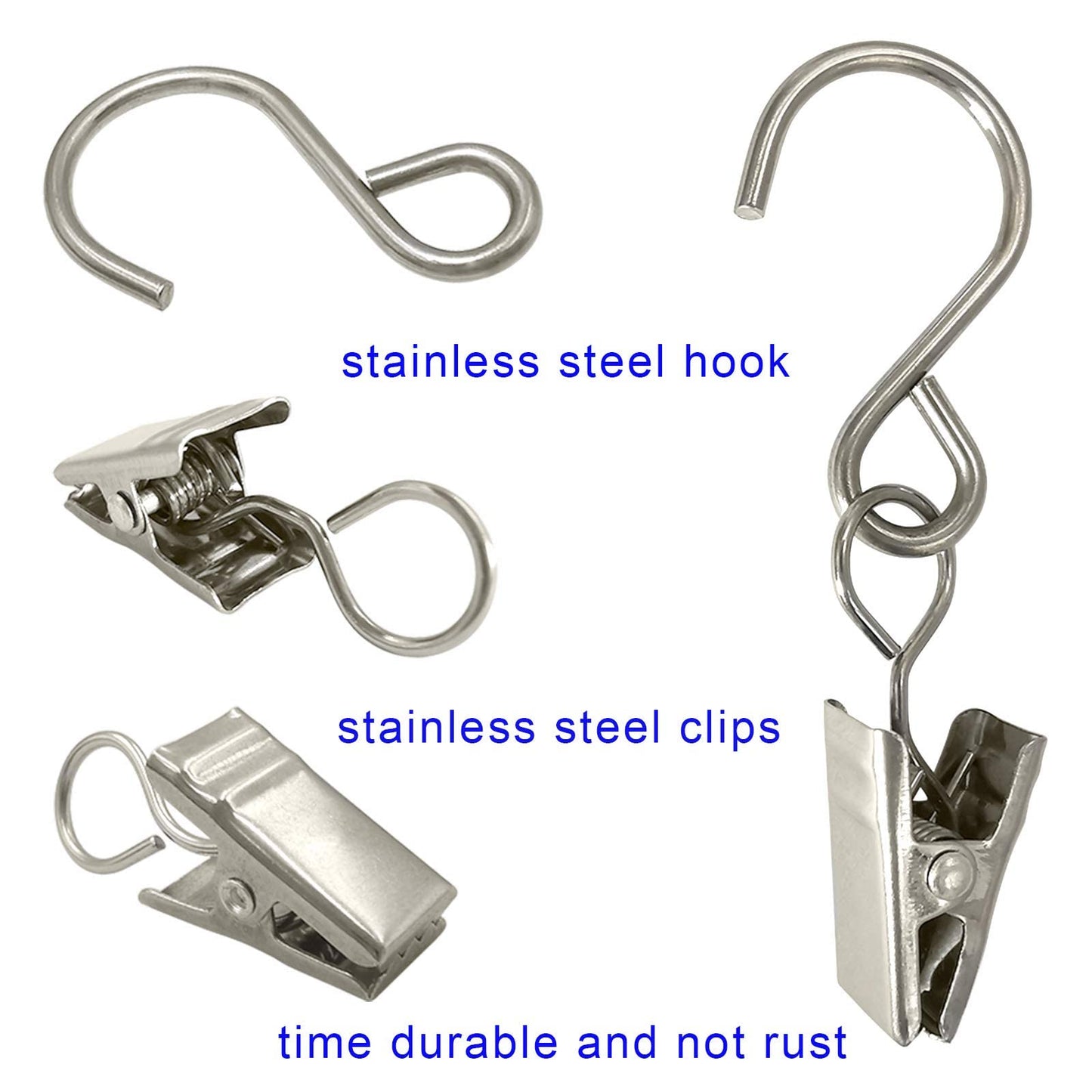 AMZSEVEN Stainless Steel S Hooks Curtain Clips, 50 Pack Hanging Party Lights Clips, Hangers Gutter Photo, Art Craft Display, 2.4 Inch Long, Silver