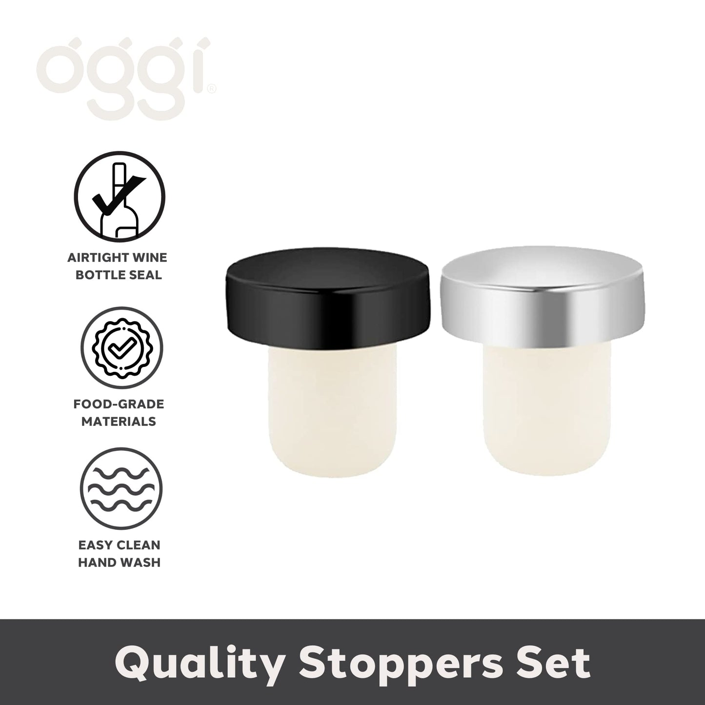 OGGI T-shaped Wine Corks, 2-pc Set, Reusable & Low Profile for Wine & Beer Bottles DIY Craft (Black, Silver)