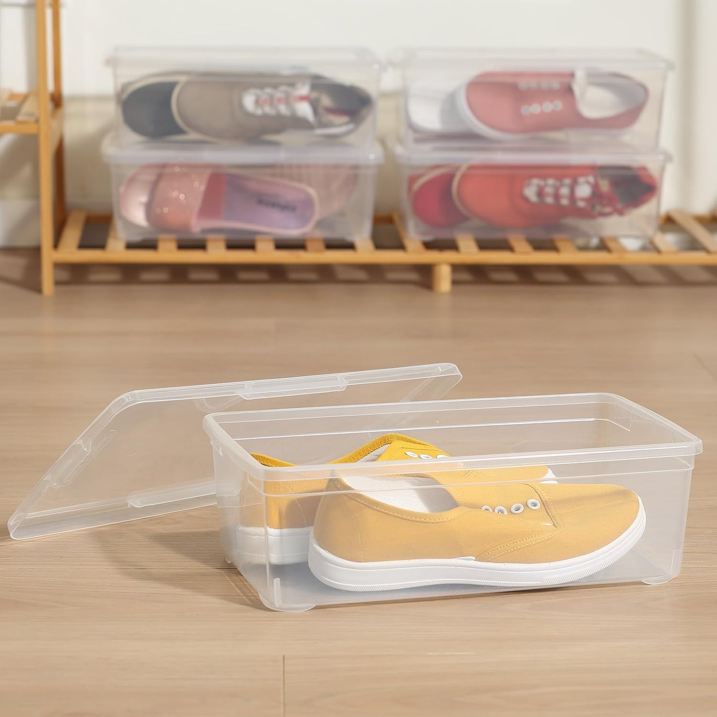 Stackable Clear Storage Bins - 12 Pack Latching Shoe Boxes with Lids | 6 Quart Plastic Containers