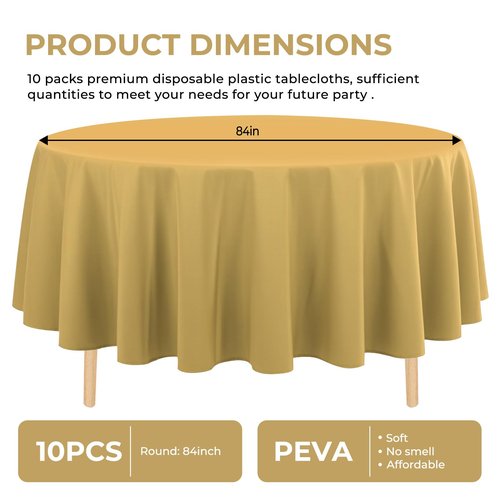 JHDZDHY 10 Pack Premium Disposable Plastic Tablecloth 84" Round Table Cover for Birthdays Weddings Christmas Anniversary Buffet Table (Gold)