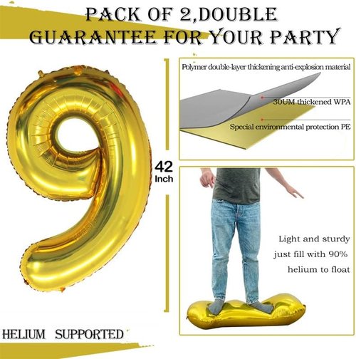 GOER Gold Foil Number Balloons - Huge 9th Birthday Party Decorations | 3 Pack (42", 32", 16")