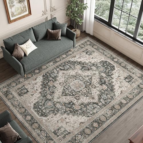 Roxstand 8x10 Black/Beige Washable Area Rug - Vintage Living Room Carpet