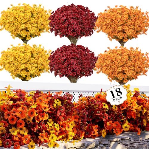 Artificial Mums for Outdoors - 18 Pack Faux Flowers with Eucalyptus Leaves - Orange, Yellow & Burgundy