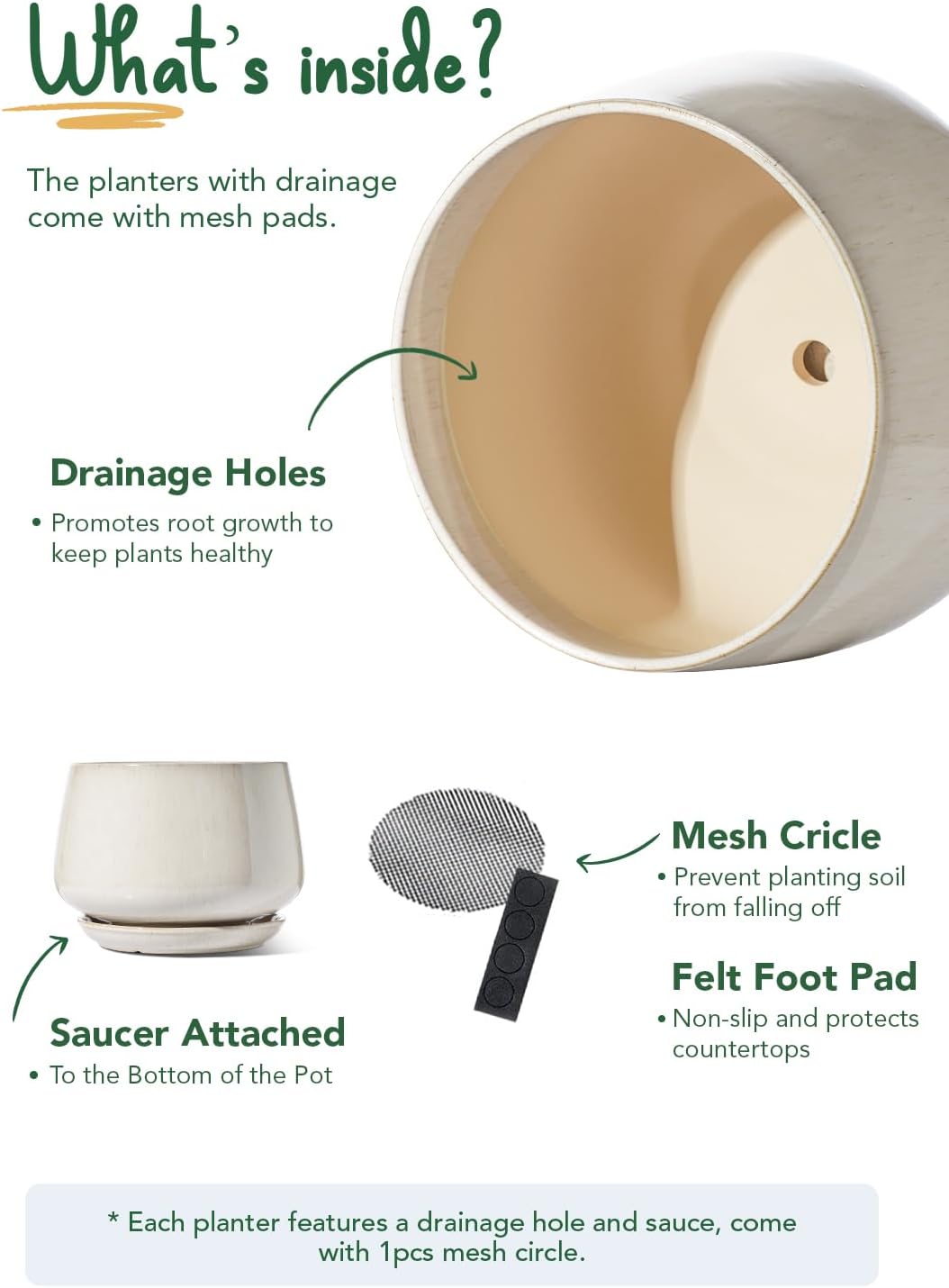 LE TAUCI Ceramic Planter - 10 Inch Pot with Drainage Hole & Saucer | Durable Reactive Glaze Beige for Modern Decor