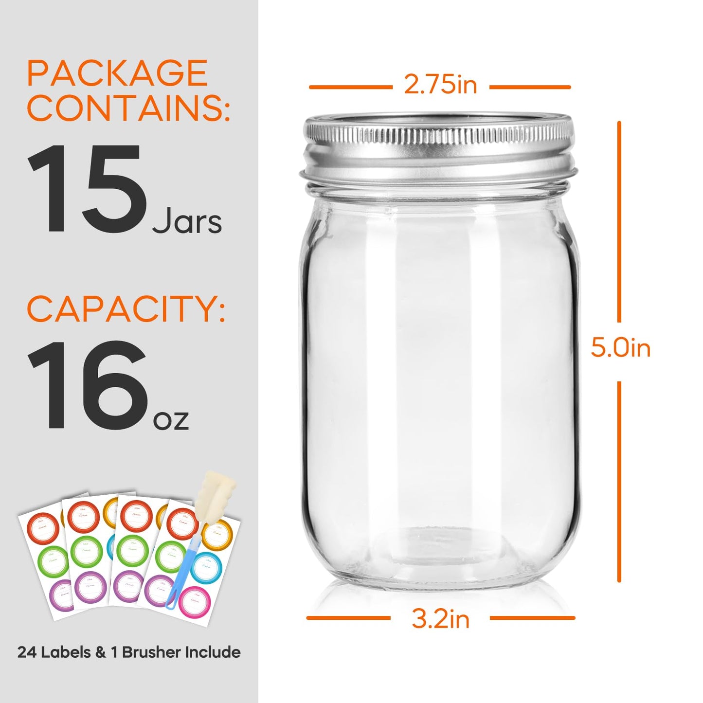 Mcupper Glass Mason Jars 16 oz with Airtight Lids and Bands - 15 Pack Regular Mouth Pint Canning Jars for Pickling, Meal Prep, Overnight Oats, Dry Food & DIY Crafts - Includes 24 Stickers & Brush