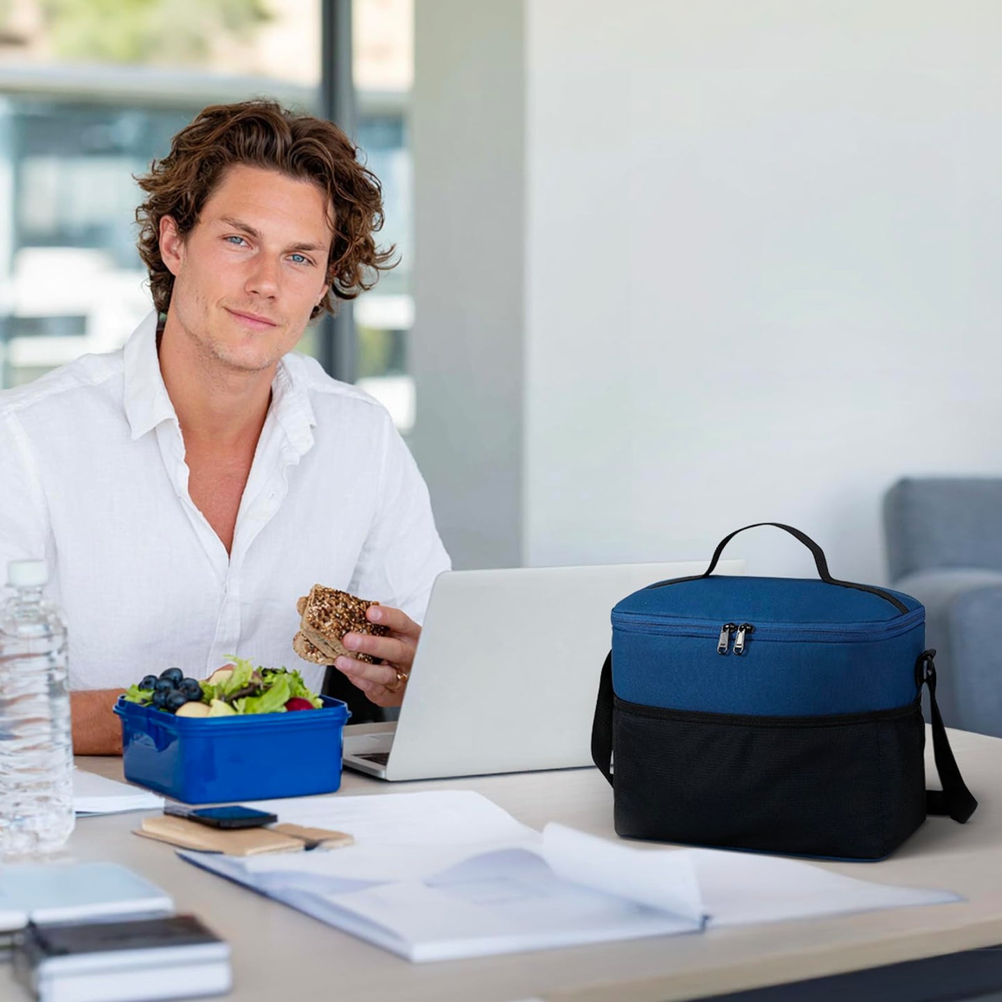 MIER Lunch Bag for Men Women Insulated Portable Lunch Box 12CAN Leakproof Cooler Bag with Shoulder Strap for Office Picnic School, Medium Navy