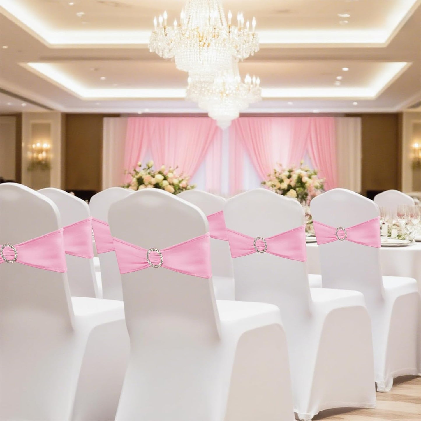 Skiennix Spandex Stretch Chair Sashes - 150 Pack Elastic Covers with Buckle Slider for Weddings & Events | Pink