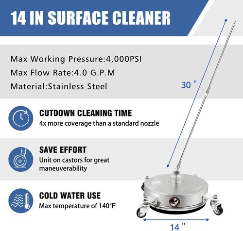 Janz 14" Pressure Washer Surface Cleaner - Stainless Steel Housing, 4 Wheels, 4000 PSI, 2 Extension Wands & Nozzles