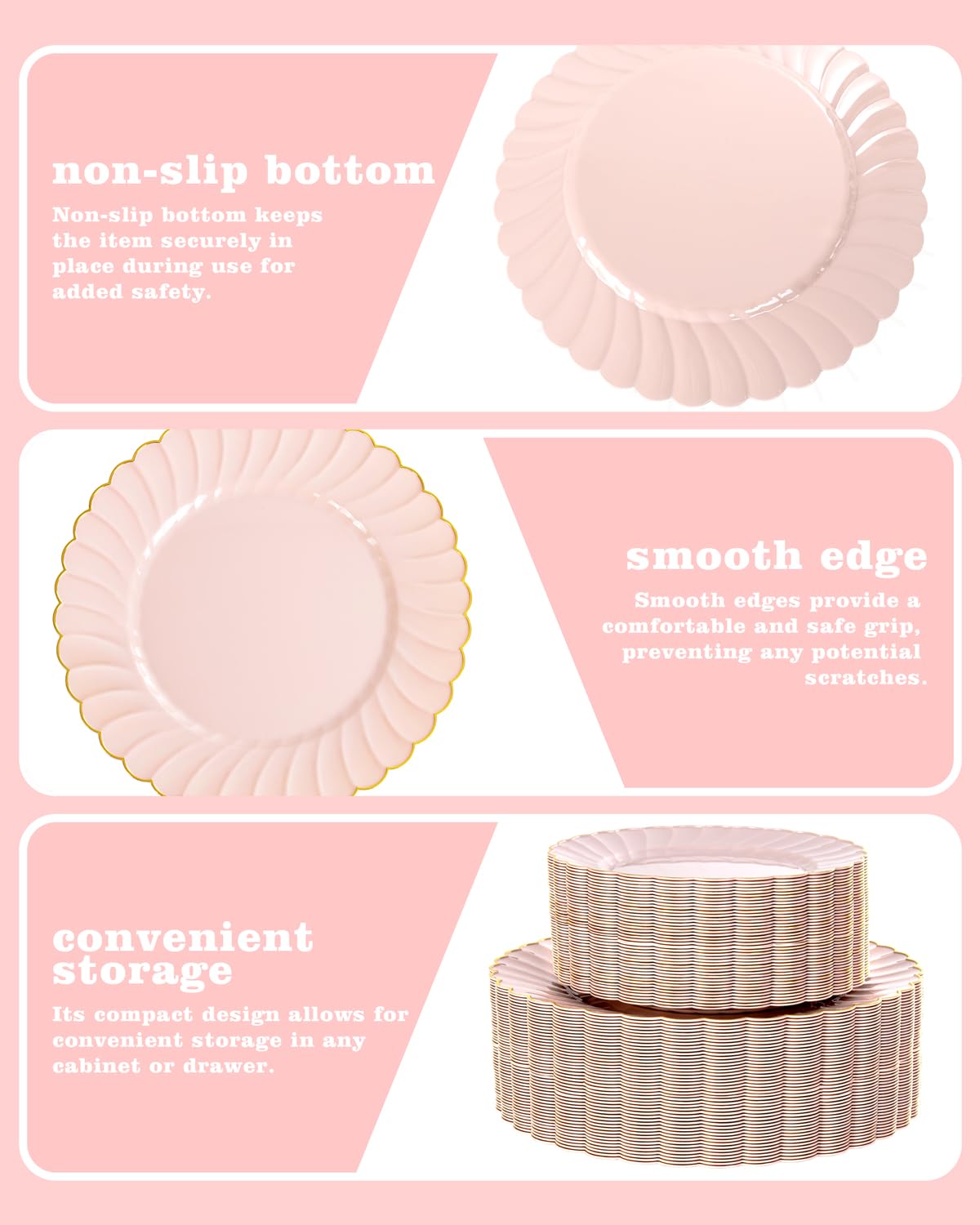 YOUBET 100PCS Pink Scalloped Plastic Plates - Heavy Duty Gold Disposable Fancy Hard Plates Include 50 Dinner Plate, 50 Dessert Plate, for Wedding & Party Mothers Day