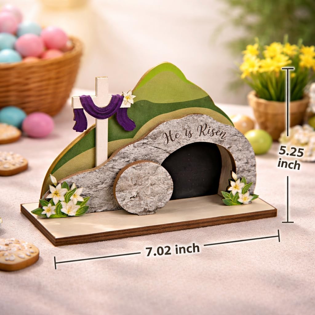Lemonus He is Risen Easter Nativity Set - Empty Tomb Decor with Stone Texture & Scripture Verse | Christian Easter Tabletop Display for Home, Church Altar | Religious Resurrection Decorations
