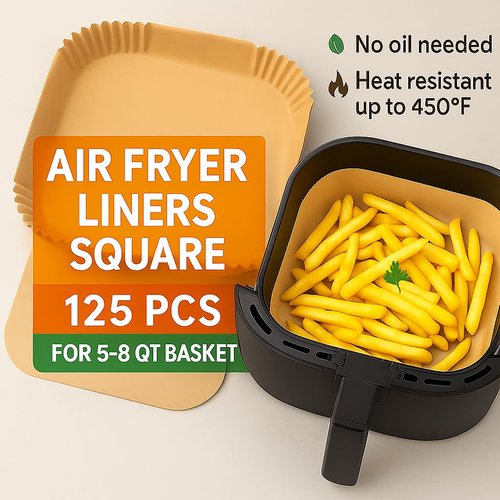 Air Fryer Liners 125 Pcs – 8” Square Disposable Paper for 5–8 QT Basket – Non-Stick, Oil-Proof, Food-Grade Parchment – Fits Ninja, Gourmia, Vortex, More