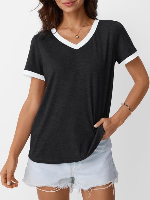 AUTOMET Women's Casual V-Neck Short Sleeve T-Shirt - Soft Summer Tunic Top for Spring Fashion
