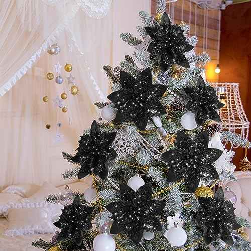 Glitter Christmas Poinsettia Artificial Xmas Flower Ornaments Flowers Decorations with Clips and Stems Glitter Poinsettia Christmas Tree Ornaments for Christmas Wedding (Black,36 Pieces)