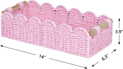 CubesLand Scalloped Edge Gift Basket - Small Pink Woven Storage Basket with Wooden Handles