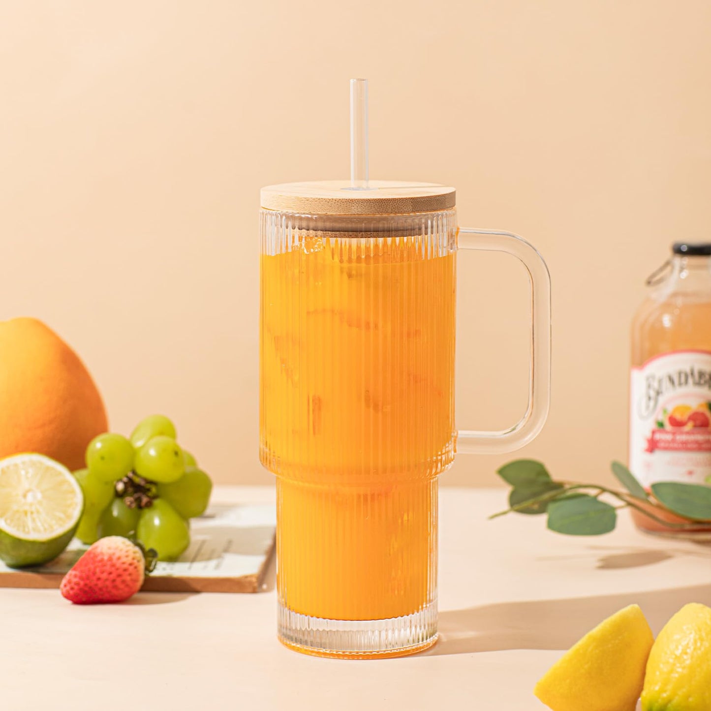 SoulTimes 24oz Ribbed Glass Tumbler with Handle and Bamboo Lid, Set of 2 Glass Cups with Lids and Straws for Coffee, Tea, Juice and Smoothies, Reusable Iced Coffee Cups Includes 2 Sealed Plastic Lids