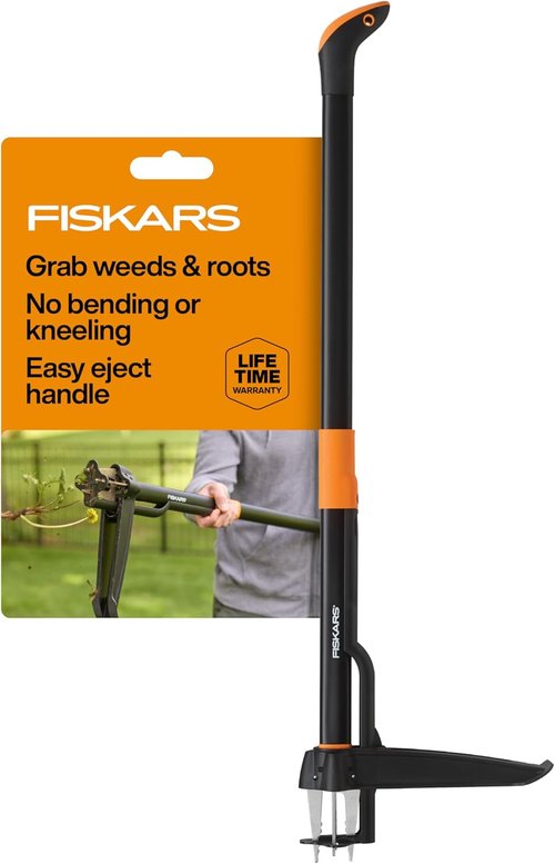 Fiskars Stand-Up Weed Puller Tool - 4 Serrated Stainless Steel Claws for Easy Root Removal | 39" Length