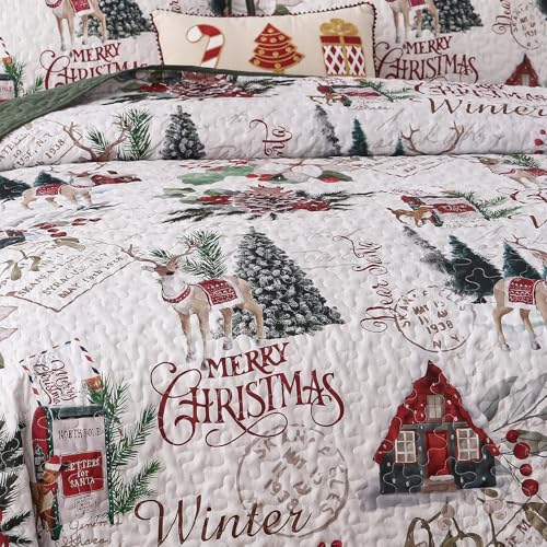 King Size Christmas Quilt Set White by Dobuyly — 110 x 90 Quilt + 2 Sham Shams, Xmas Tree Reindeer Decor