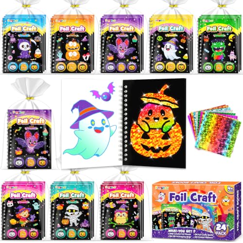 Halloween Foil Art Party Favors for Kids - 24 Pack Craft Kits & Coloring Books