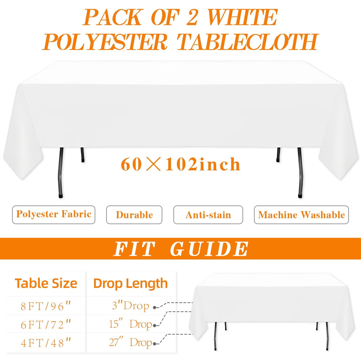 WIGENIUS 2 Pack White Table Cloth Rectangle 60 X 102 Inch Polyester Tablecloths, Wrinkle Resisitant Tablecloth for Wedding Buffet Parties and Dining (White, 2 Pack 60 X 102 inch)