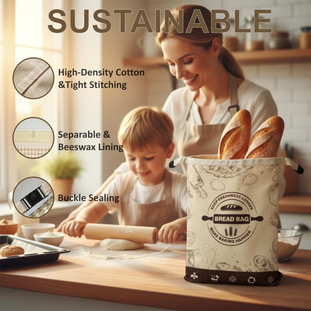 Beeswax Bread Bags - 2 Pack Reusable Cotton Storage Bags with Removable Liner | 16x12 Inch for Fresh Sourdough