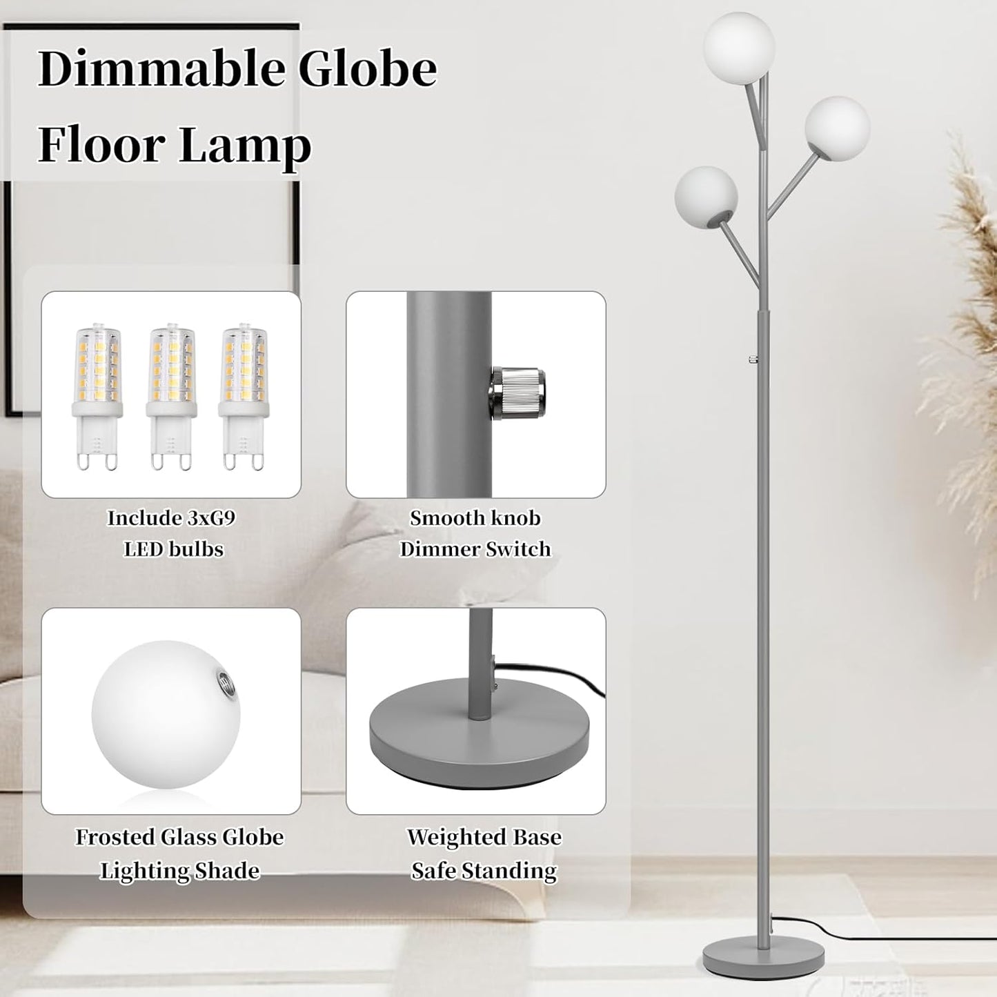 Globe Mid Century Tree Floor Lamp with 3 Light Bulbs,70in Tall Standing Glod Floor Lamp with Frosted Glass Shade for Living Room,Office,Bedroom, Study Room, Hotel, Antique Brass Lighting