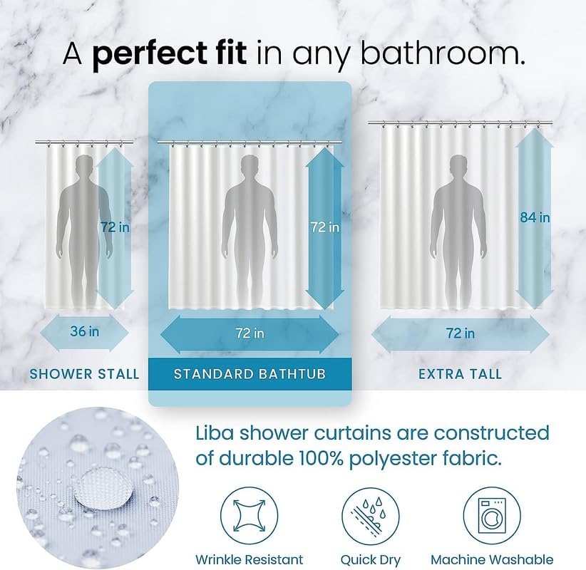 LiBa Waterproof Shower Curtain - Heavy Duty White Fabric | 72" W x 72" H for Bathroom